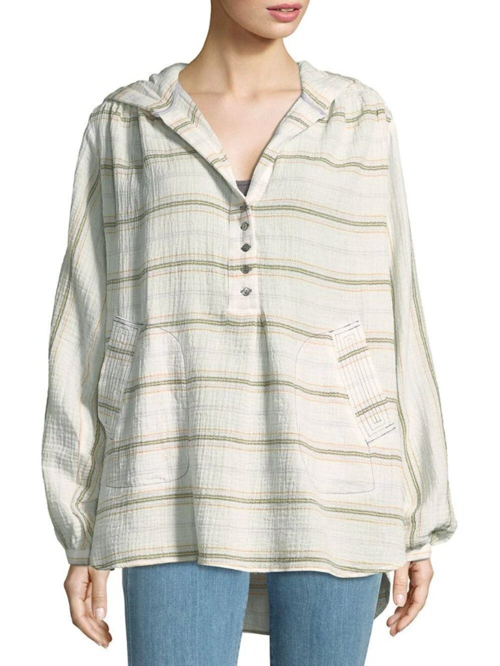 Free People Rolling Clouds Hooded Gauze Pullover Cream Stripes Size M Boho